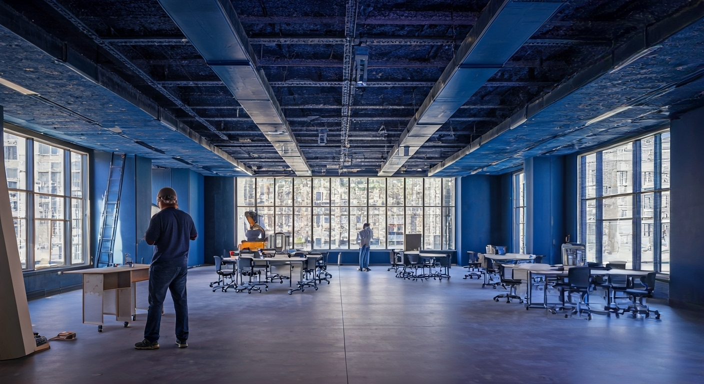 Large, modern office space with blue walls and ceiling, several people standing and working, desks and chairs arranged throughout, and large windows letting in natural light.