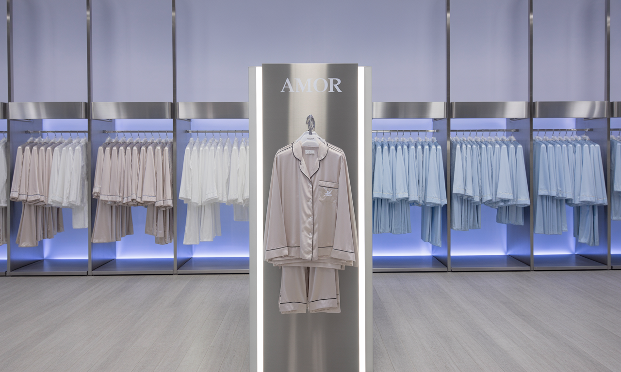 Display of pastel pajamas on a central stand labeled "AMOR," with racks of coordinated clothing in beige, white, and blue along the back wall in a modern retail store.