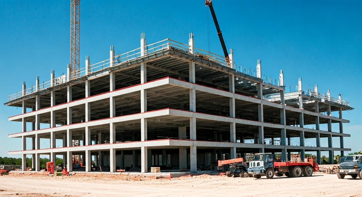 A multi-story concrete building under construction, surrounded by construction vehicles and equipment, with a clear blue sky in the background.
