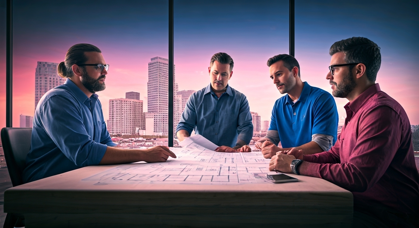 Four men sit around a table examining architectural blueprints in a modern office with large windows overlooking a city skyline at sunset.