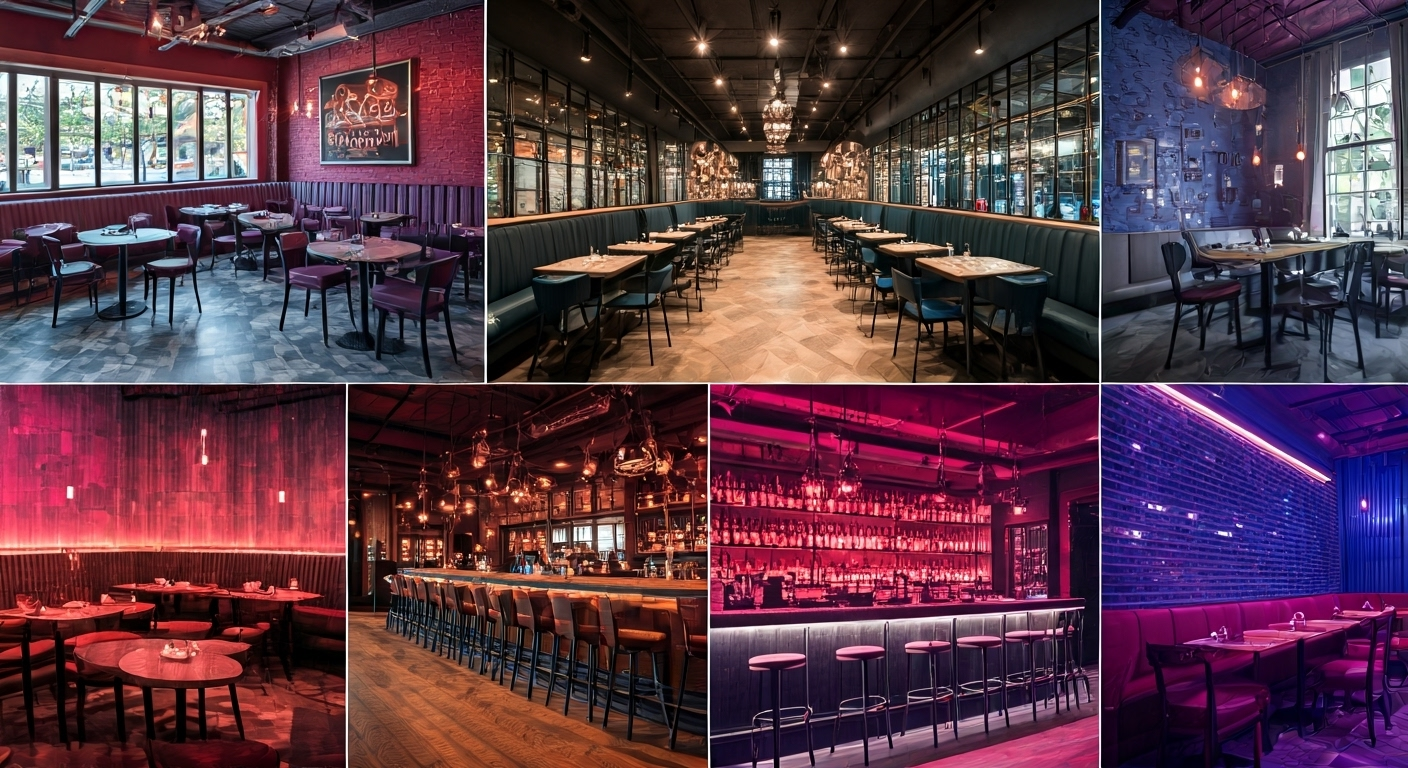 Collage of six modern restaurant interiors, each with distinct lighting, seating arrangements, and decor styles, ranging from warm and vibrant to cool and industrial.