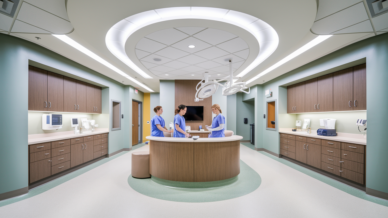 Three medical professionals in scrubs stand talking at a circular reception desk in a modern hospital or clinic room, surrounded by cabinets and medical equipment.