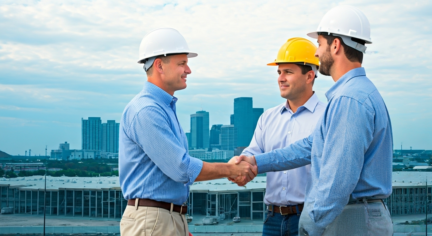 Three men wearing safety helmets and business attire shake hands outdoors with a city skyline and construction site in the background.