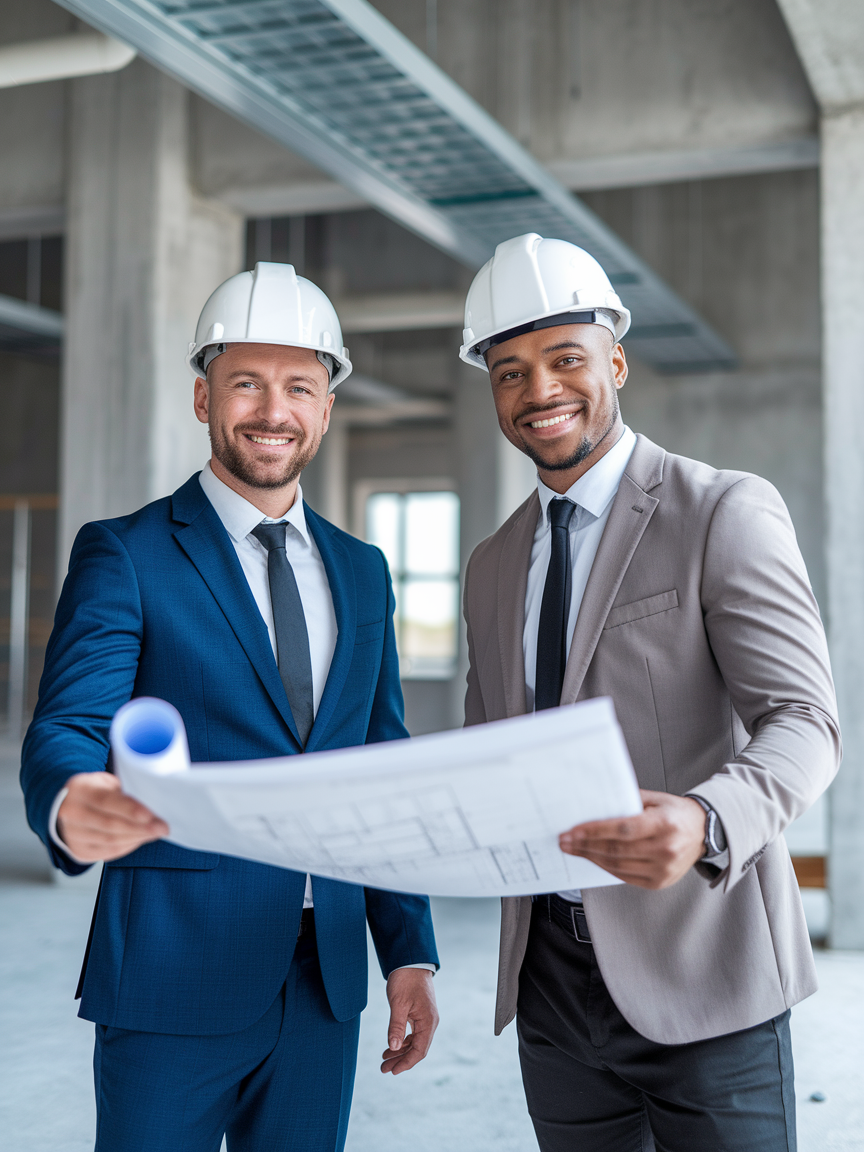 Two men in suits and hard hats stand in a building under construction, holding and looking at architectural blueprints.