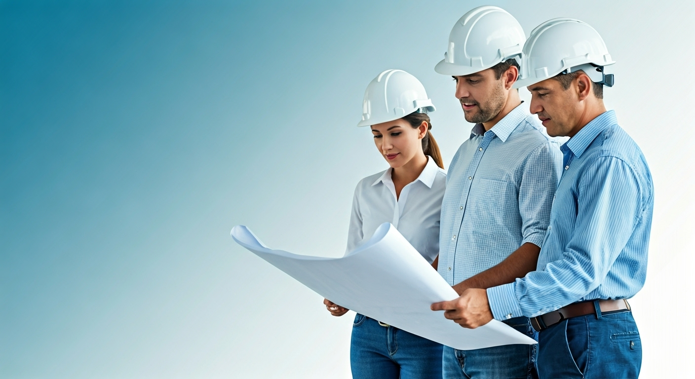 Three people wearing white hard hats and casual business attire review a large blueprint against a blue gradient background.