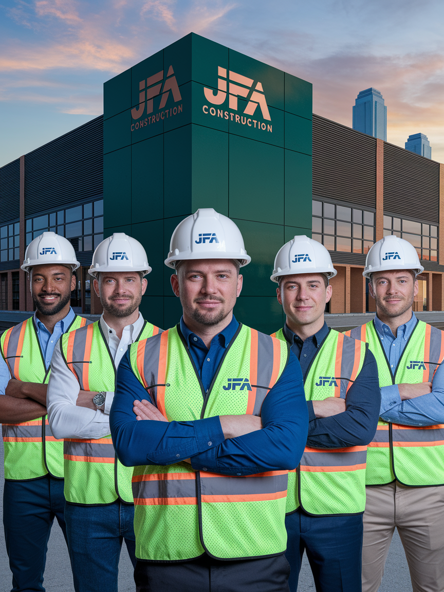Five construction workers in safety vests and hard hats stand in front of a JFA Construction building at dusk, with city skyscrapers visible in the background.