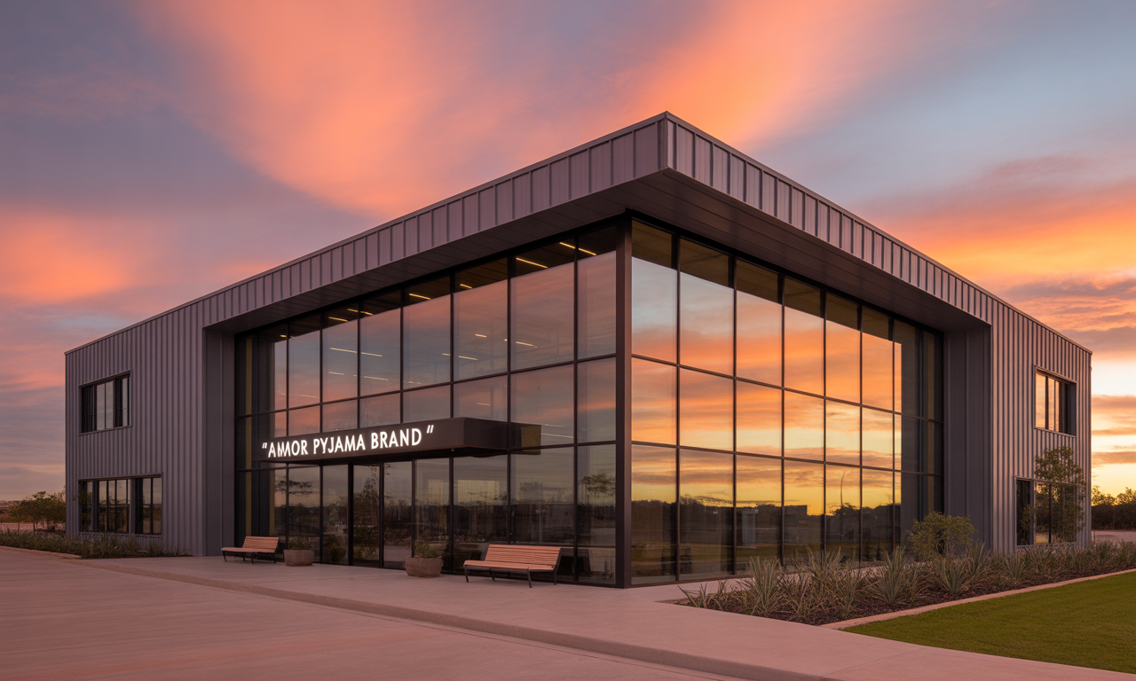 A modern, two-story glass and metal building labeled "Amor Pyjama Brand" is shown at sunset, with orange clouds reflecting in its windows. Benches and landscaping are visible in front. A modern, two-story glass and metal building labeled "Amor Pyjama Brand" is shown at sunset, with orange clouds reflecting in its windows. Benches and landscaping are visible in front.