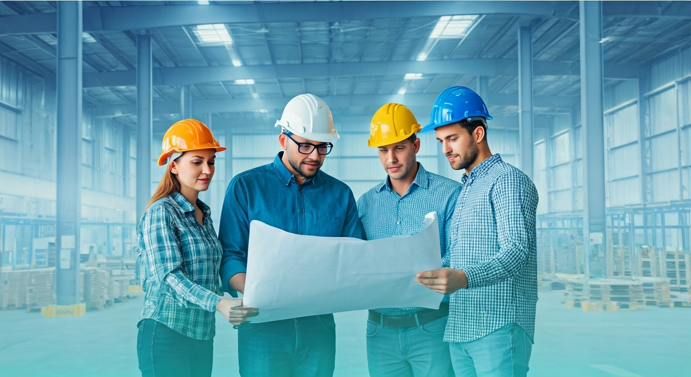 Four people in safety helmets stand in a warehouse, looking at a large blueprint or plan together.