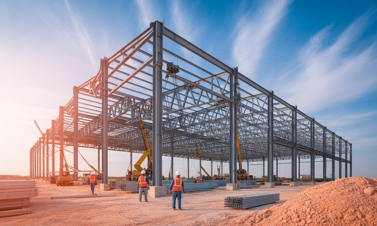 Construction site with workers in safety gear assembling a large steel frame structure, cranes and equipment visible under a partly cloudy sky.