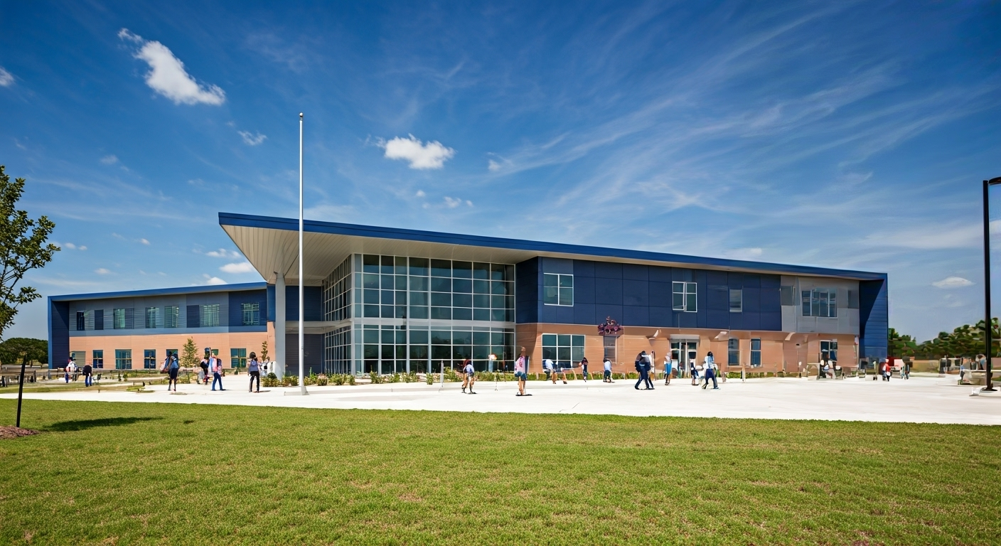 A modern two-story school building with large windows and a blue roof, students walking outside on a sunny day.