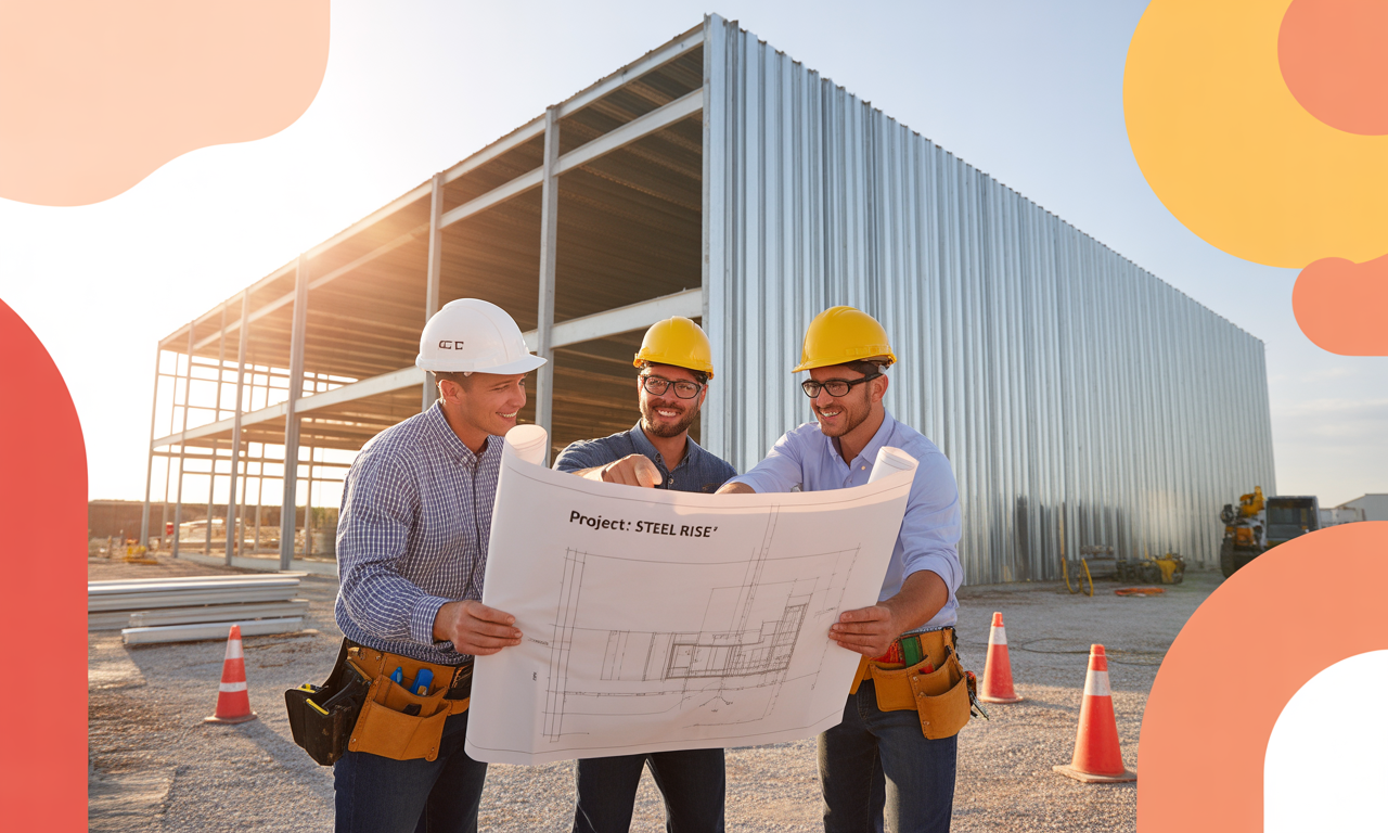 Three construction workers wearing hard hats and tool belts review blueprints labeled "Project: STEEL RISE" at a building site with a metal-framed structure in the background.