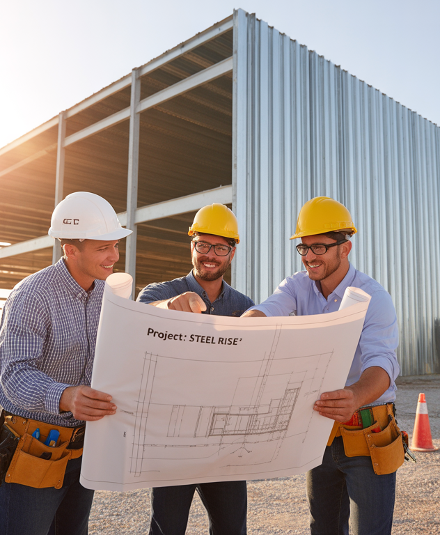 Three construction workers in hard hats review blueprints labeled "Project: STEEL RISE" at a building site with a partially completed steel structure in the background.