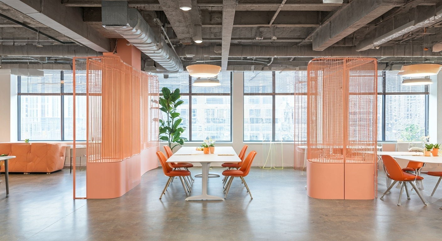 Modern office space with peach-colored furniture, open seating areas, large windows, and visible ceiling pipes. Green plants add decoration near tables and windows.