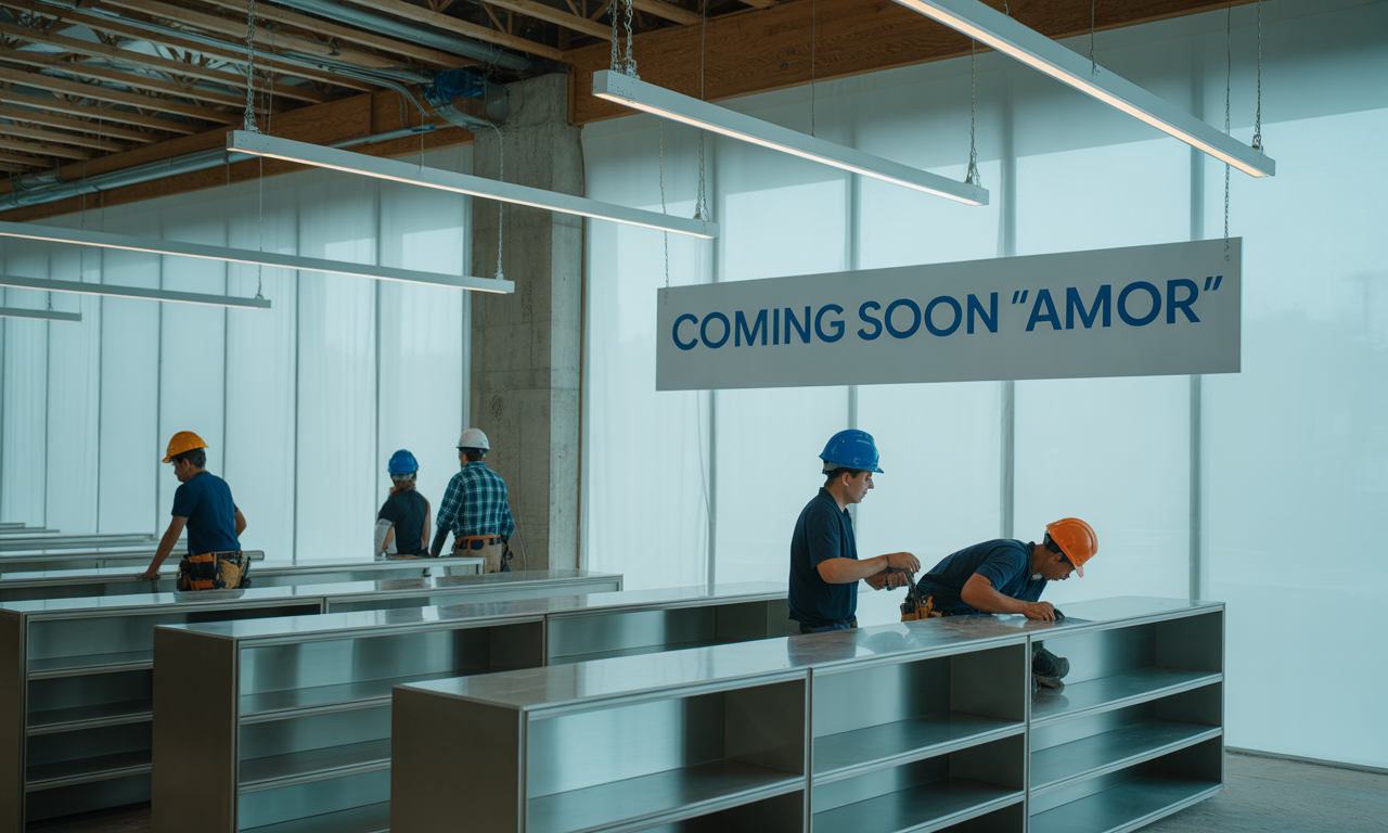Workers in hard hats assemble metal shelves in a store under construction, with a sign above reading "COMING SOON 'AMOR'".