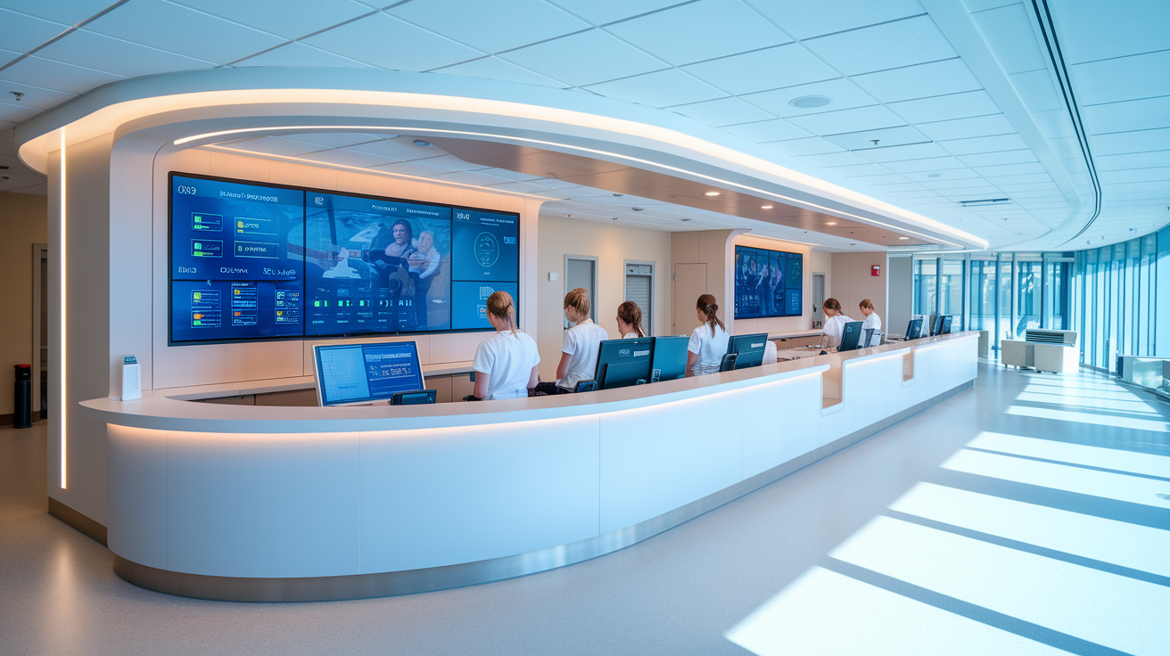 A modern hospital reception area with several staff members seated at computers behind a curved desk and large digital information screens on the wall.