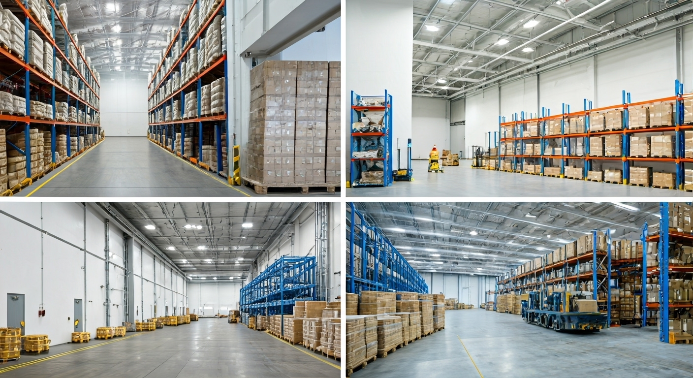 Four photos of a large warehouse interior with high shelves, stacked pallets, boxes, and forklifts, illustrating organized storage and spacious aisles.