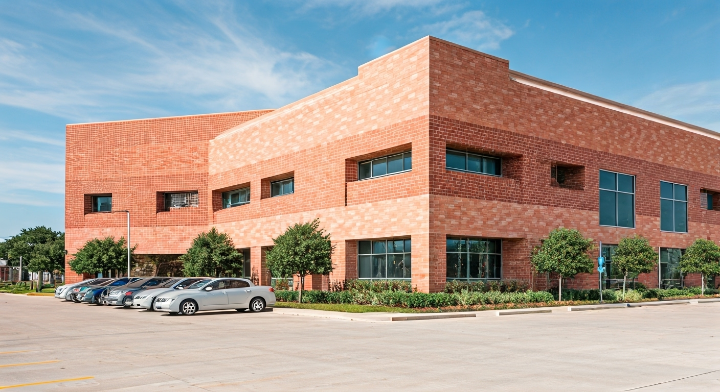 A modern two-story brick office building with large windows, surrounded by trees and a parking lot with several parked cars under a clear sky.