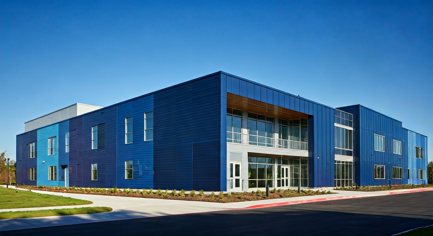 Modern two-story building with blue exterior panels, large windows, and landscaped surroundings under a clear blue sky.