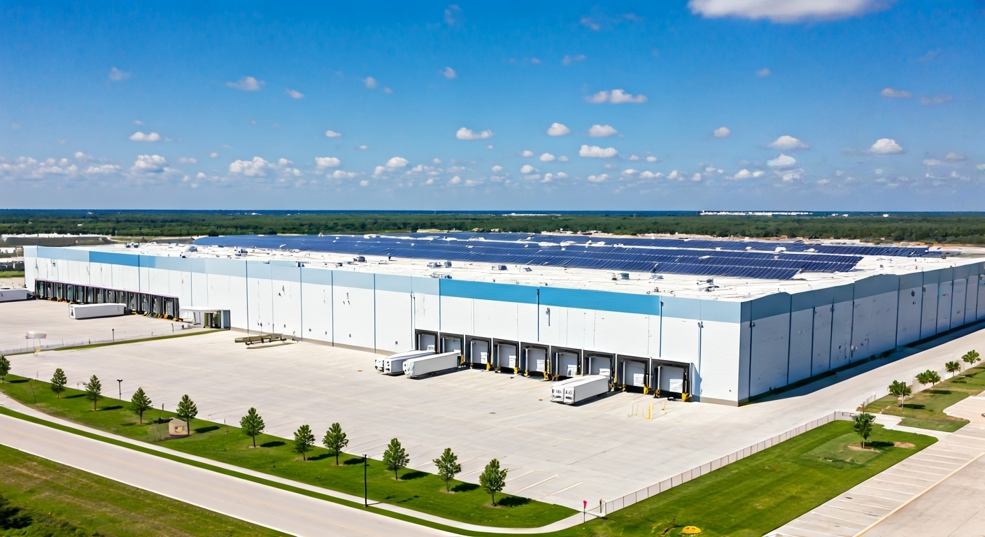 A large distribution warehouse with loading docks and trucks parked outside, surrounded by a paved lot and green landscaping under a blue sky with scattered clouds.