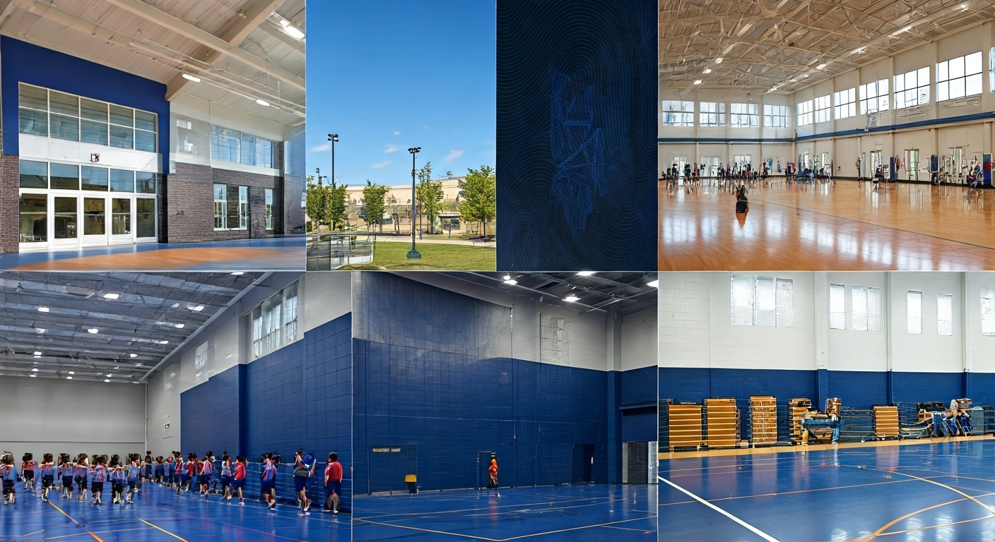 Collage of a modern indoor sports facility featuring exterior and interior views, including basketball courts, volleyball courts, gymnasium, and athletic equipment storage.