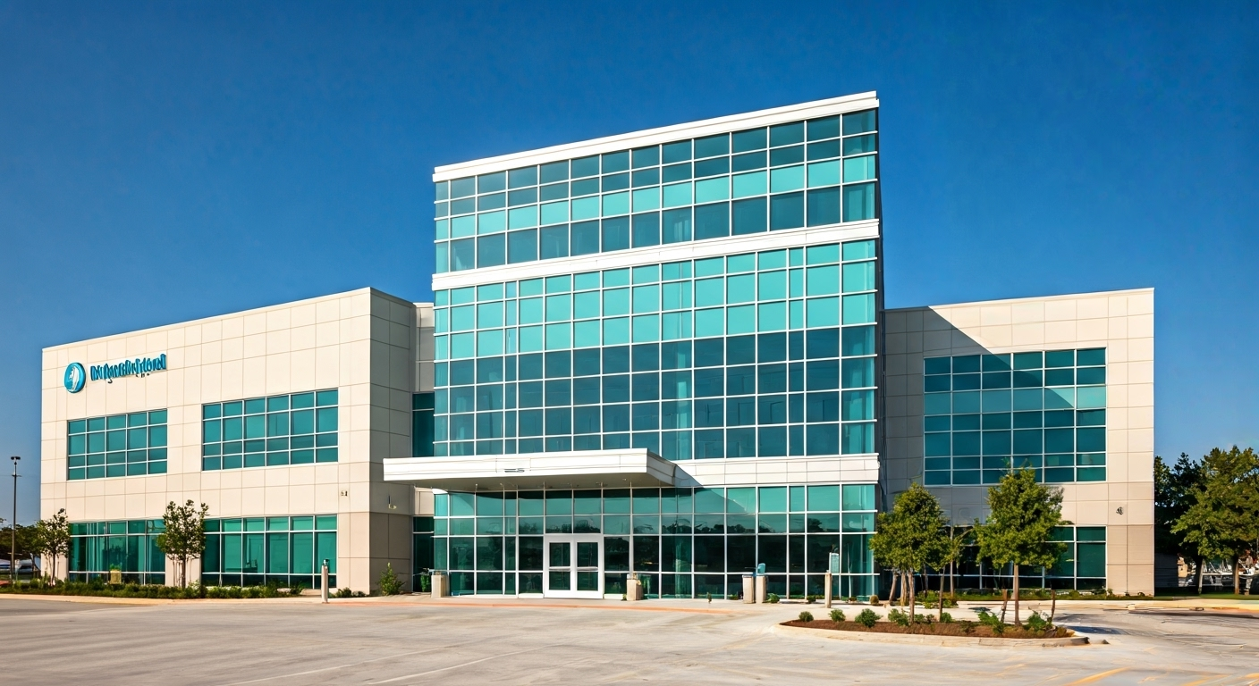 A modern, glass-fronted office building with multiple stories, large windows, and a landscaped entrance under a clear blue sky.
