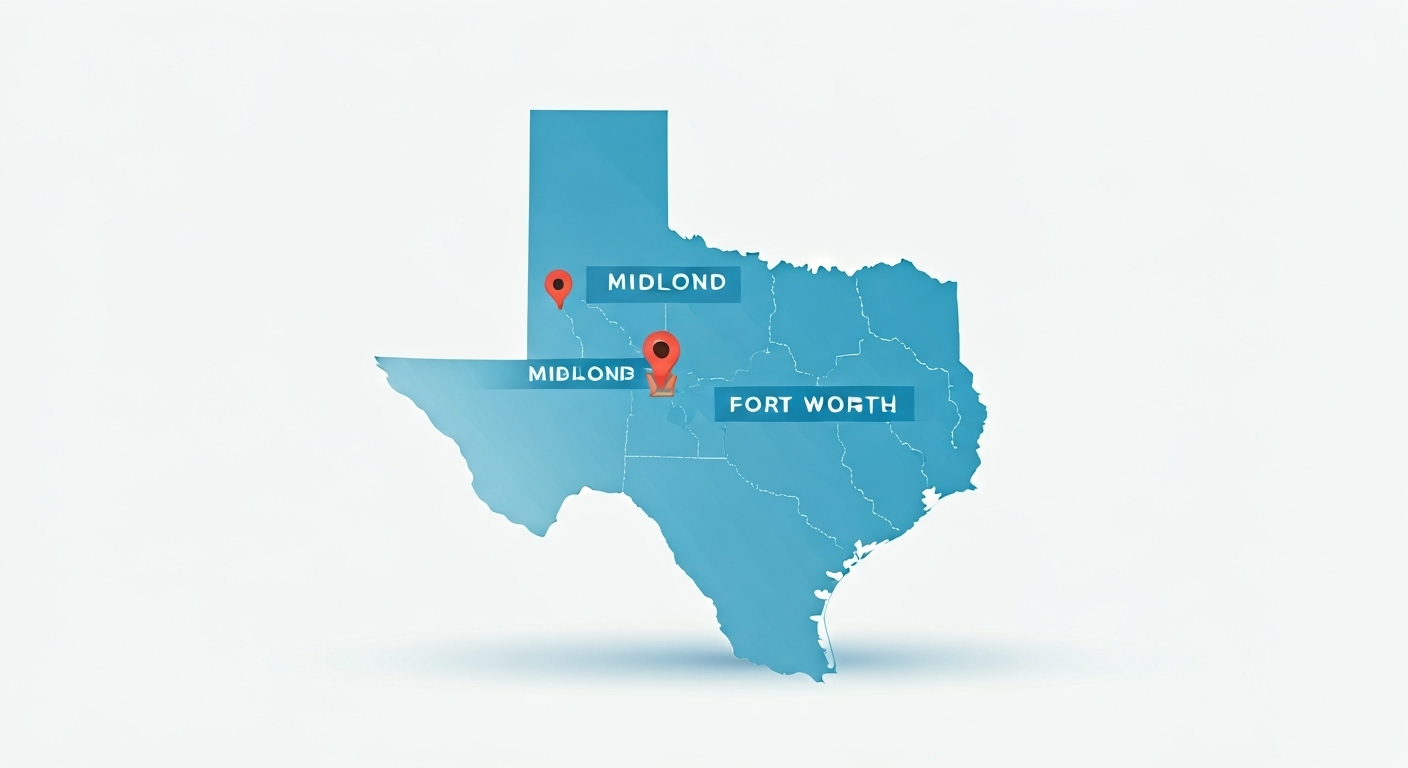 Map of Texas highlighting and marking the locations of Midland and Fort Worth with red location pins.
