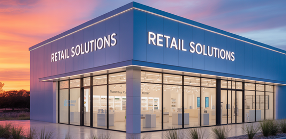 Modern retail storefront with large glass windows and illuminated "Retail Solutions" signage at sunset. The interior is brightly lit and organized with products on display. Modern retail storefront with large glass windows and illuminated "Retail Solutions" signage at sunset. The interior is brightly lit and organized with products on display.