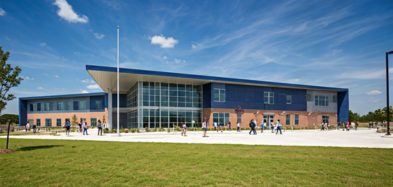 A modern two-story school building with large windows and a blue roof, students walking outside on a sunny day. A modern two-story school building with large windows and a blue roof, students walking outside on a sunny day.