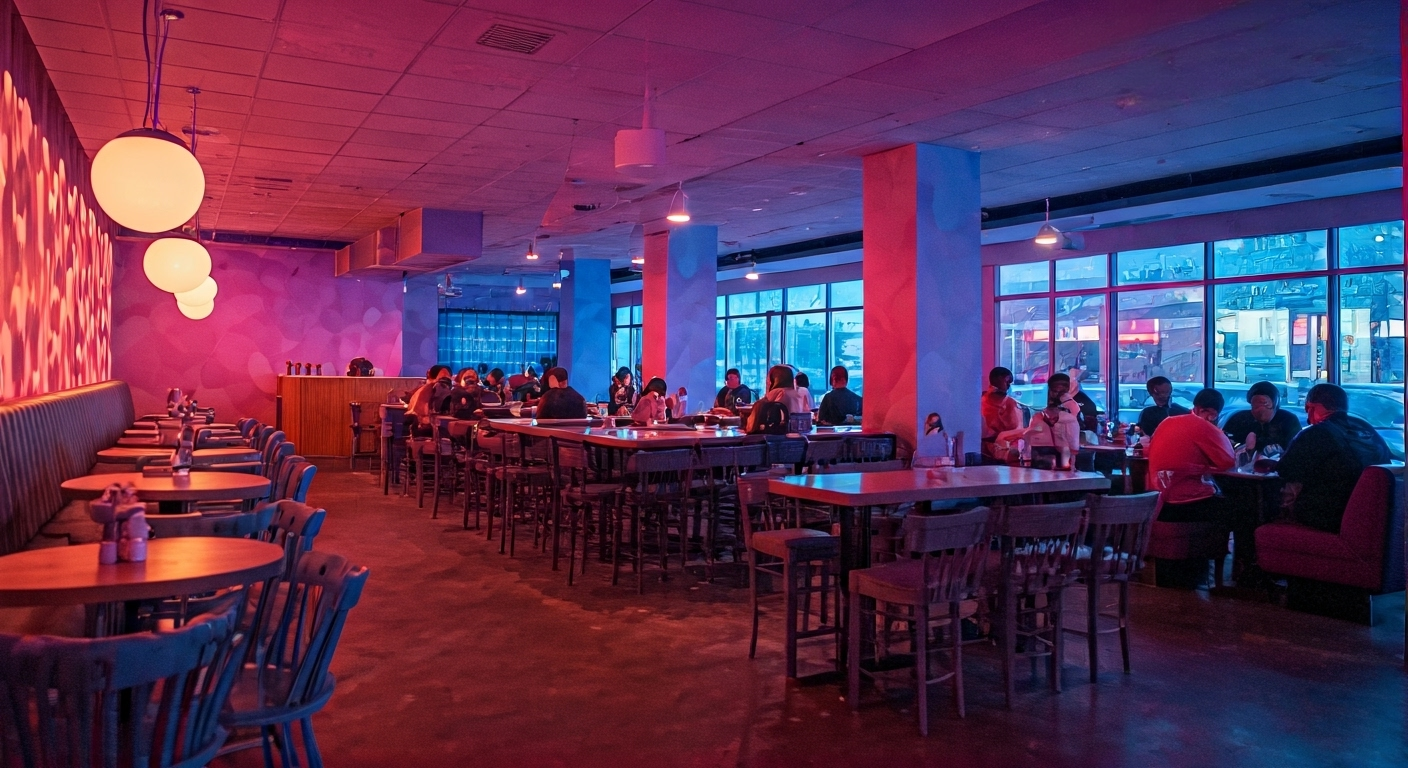 A modern restaurant interior with colorful purple and pink lighting, round hanging lamps, and people sitting at tables dining.