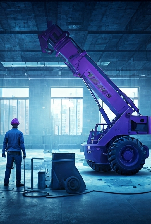 A person in safety gear stands near a purple telescopic forklift inside an unfinished building with large windows.